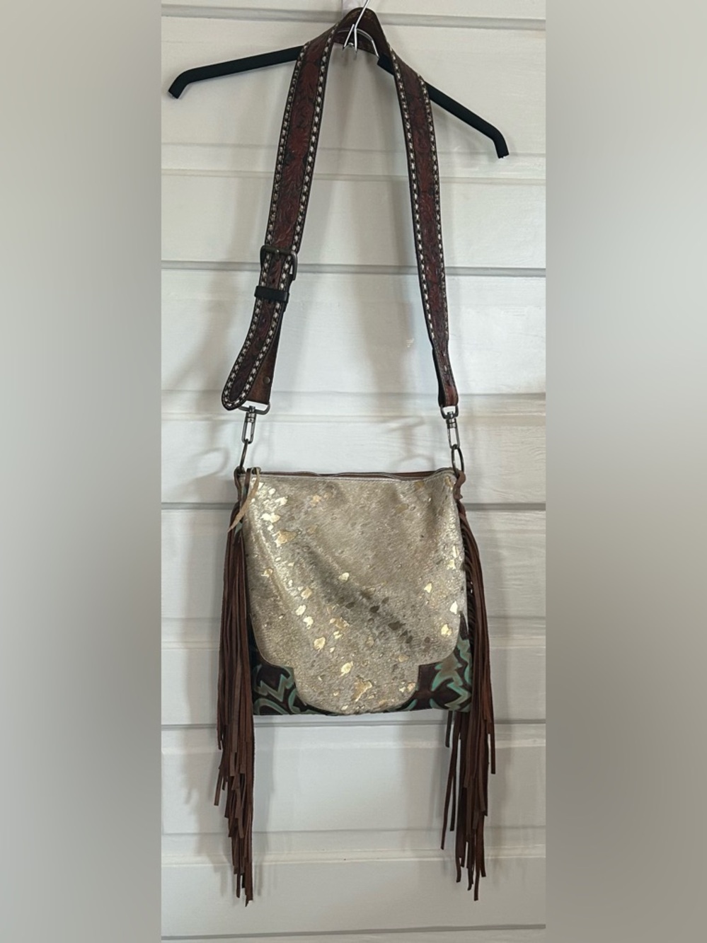 Fringe Crossbody Bag with Metallic Gold Accent - Brown